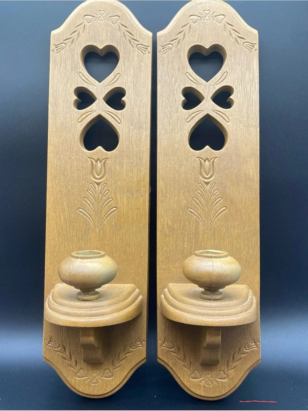 Wood Wall Sconces with Heart Cutouts - Burwood Plastic 1986 Made In USA